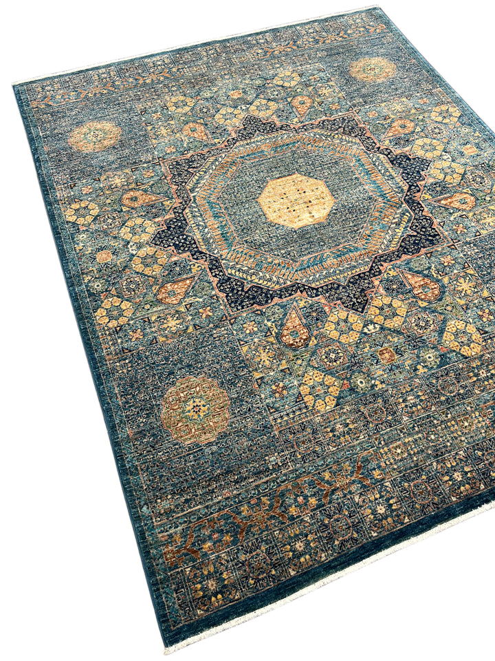 Blue, Green &amp; Gold Geometric Medallion Design – Hand-Knotted Mamluk Wool Rug –  4.11’ x 6.4’