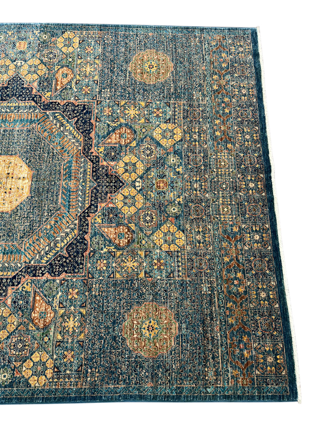Blue, Green &amp; Gold Geometric Medallion Design – Hand-Knotted Mamluk Wool Rug –  4.11’ x 6.4’