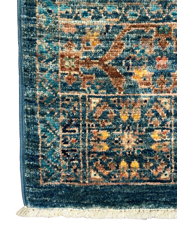 Blue, Green &amp; Gold Geometric Medallion Design – Hand-Knotted Mamluk Wool Rug –  4.11’ x 6.4’
