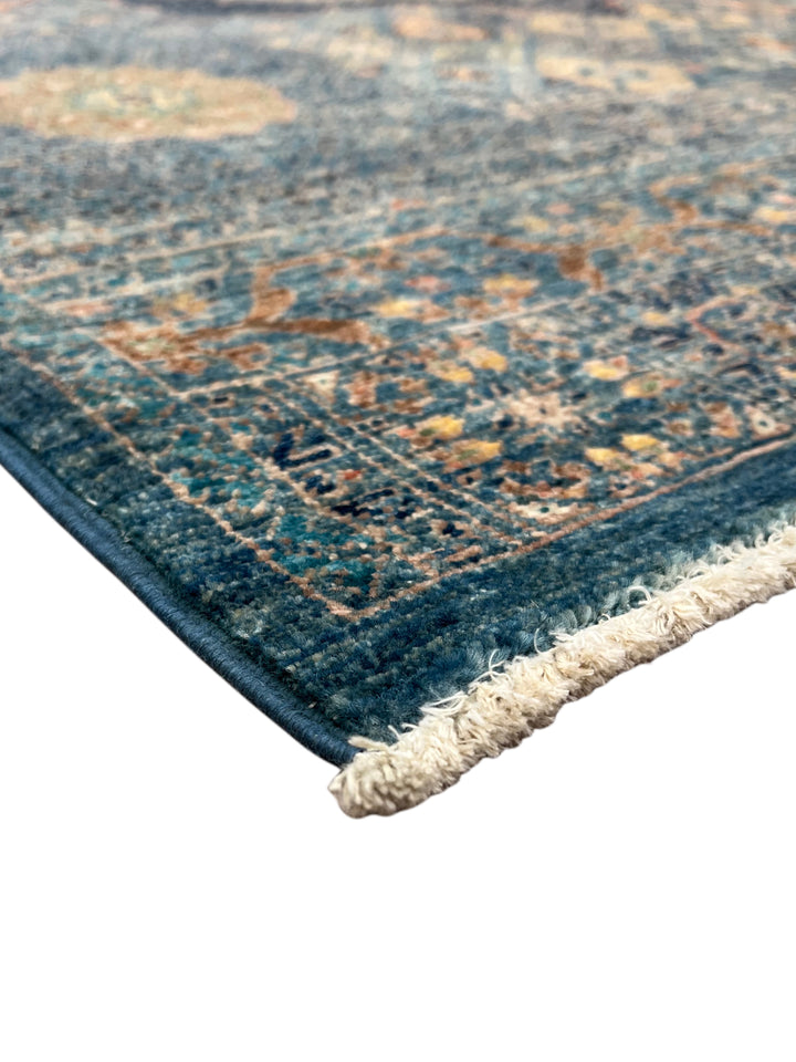 Blue, Green &amp; Gold Geometric Medallion Design – Hand-Knotted Mamluk Wool Rug –  4.11’ x 6.4’