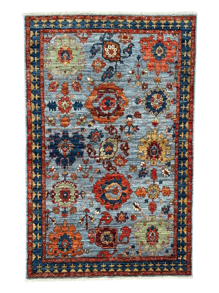 Light Blue, Navy &amp; Rust Geometric Design – Hand-Knotted Wool Rug –  4.1’ x 6.3’