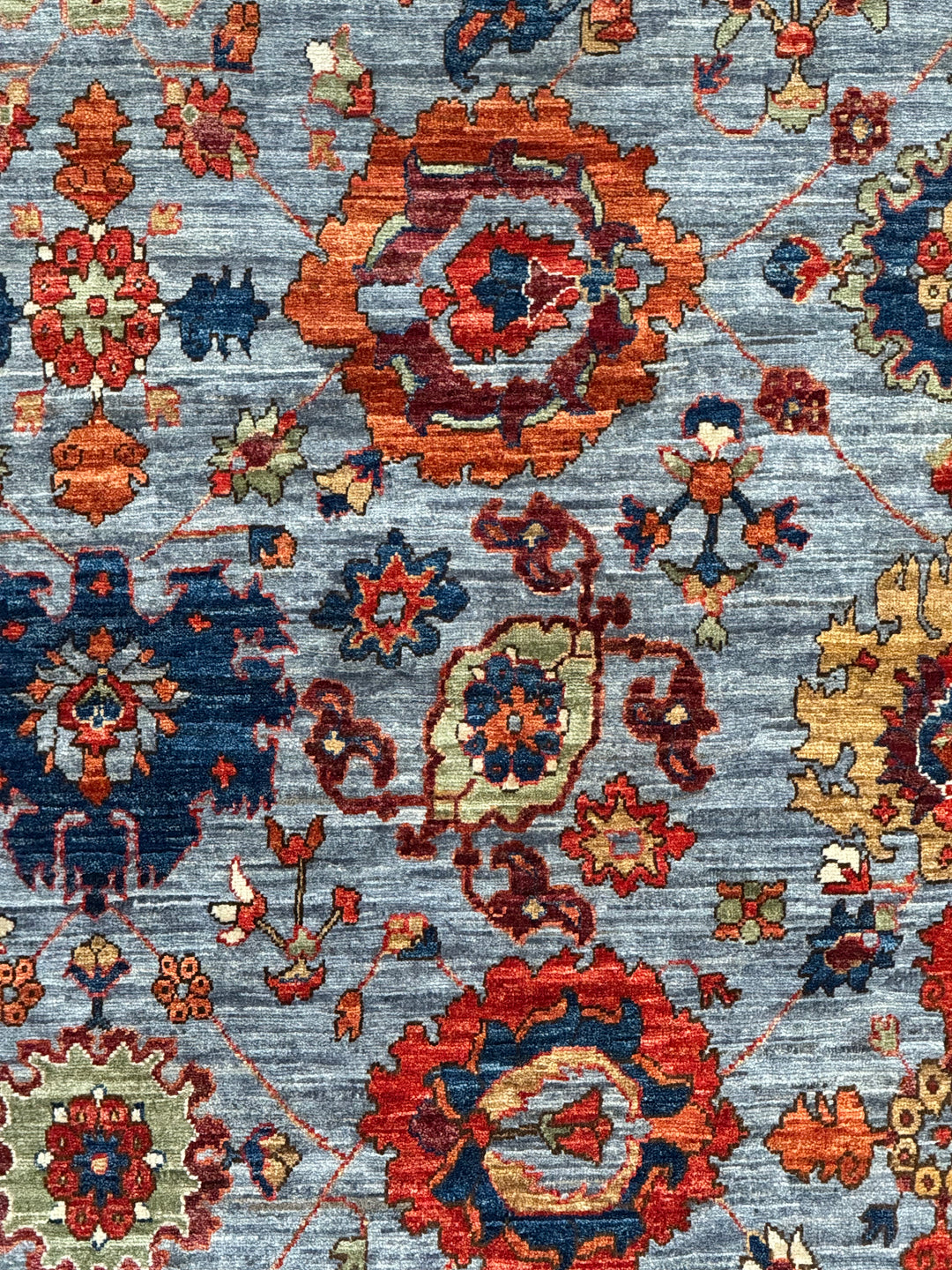 Light Blue, Navy &amp; Rust Geometric Design – Hand-Knotted Wool Rug –  4.1’ x 6.3’