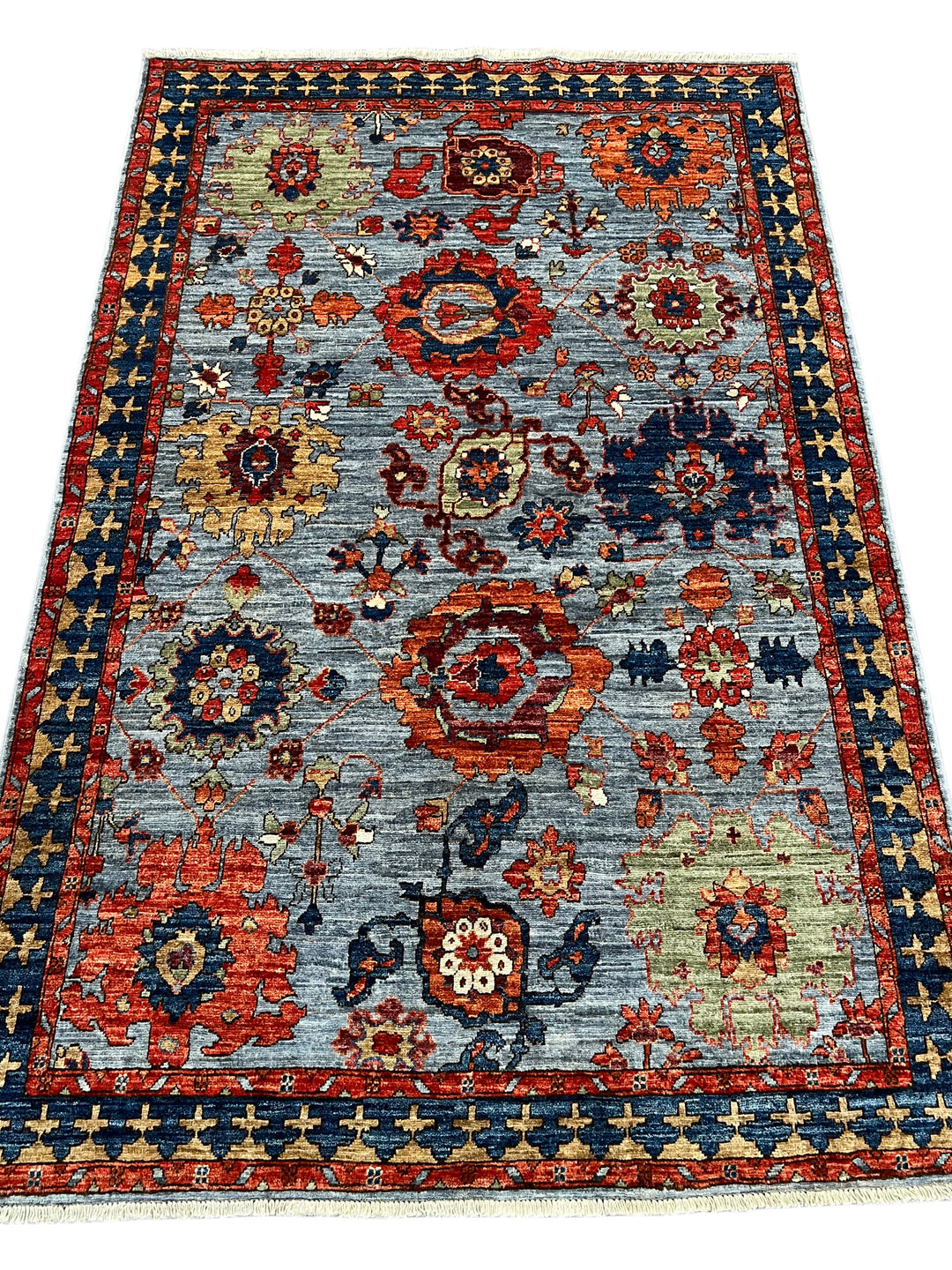 Light Blue, Navy &amp; Rust Geometric Design – Hand-Knotted Wool Rug –  4.1’ x 6.3’