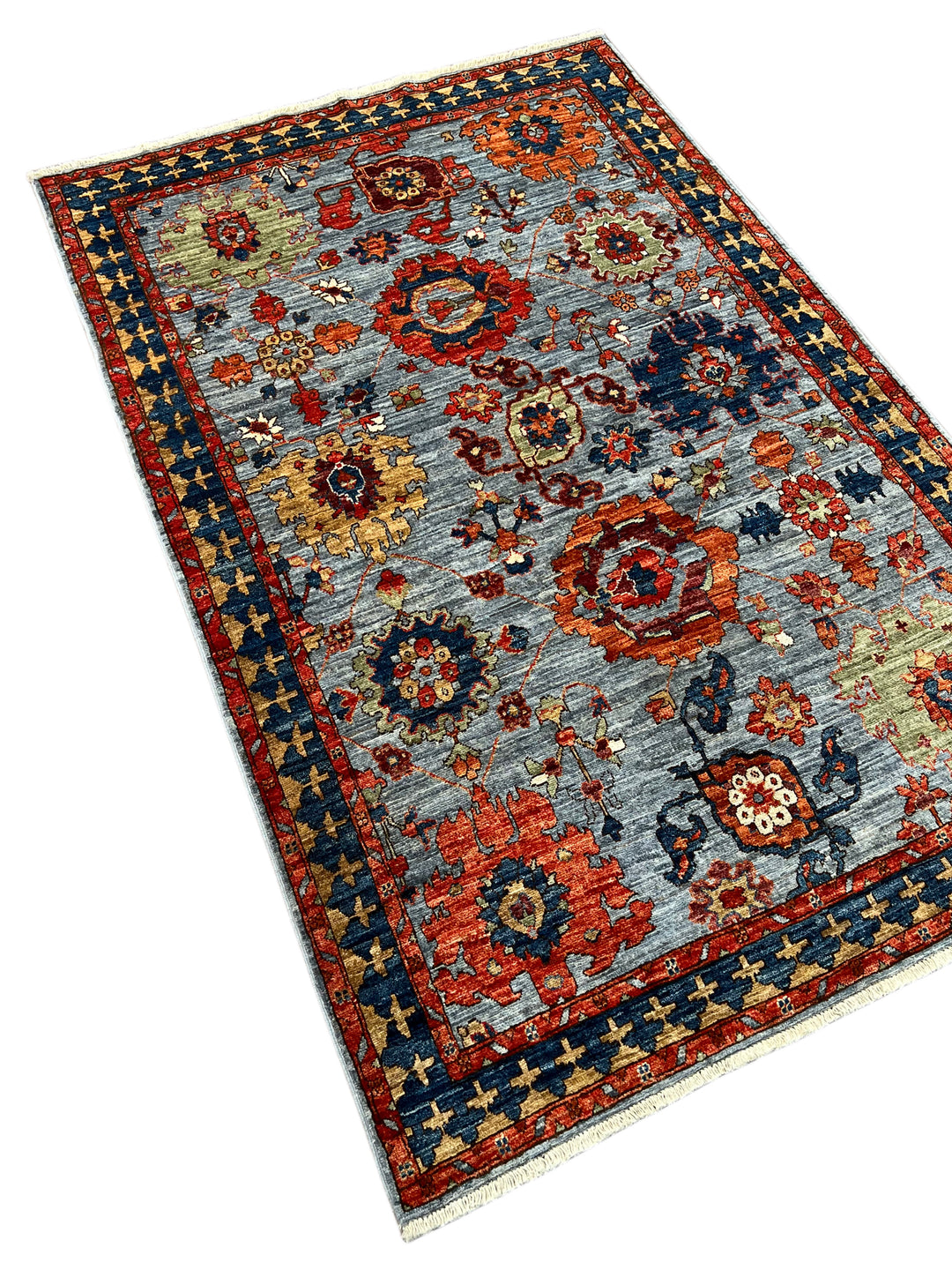 Light Blue, Navy &amp; Rust Geometric Design – Hand-Knotted Wool Rug –  4.1’ x 6.3’