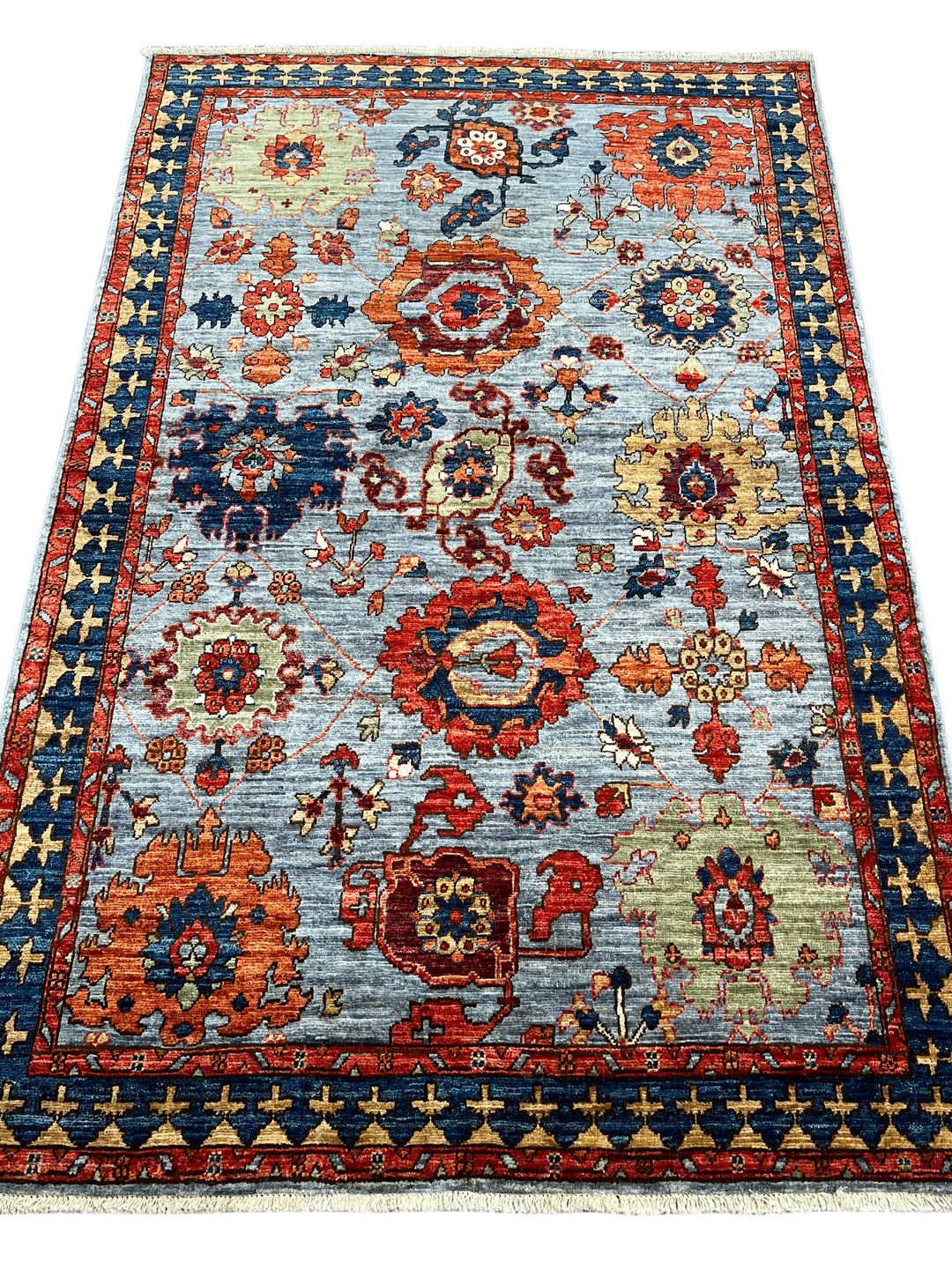 Light Blue, Navy &amp; Rust Geometric Design – Hand-Knotted Wool Rug –  4.1’ x 6.3’