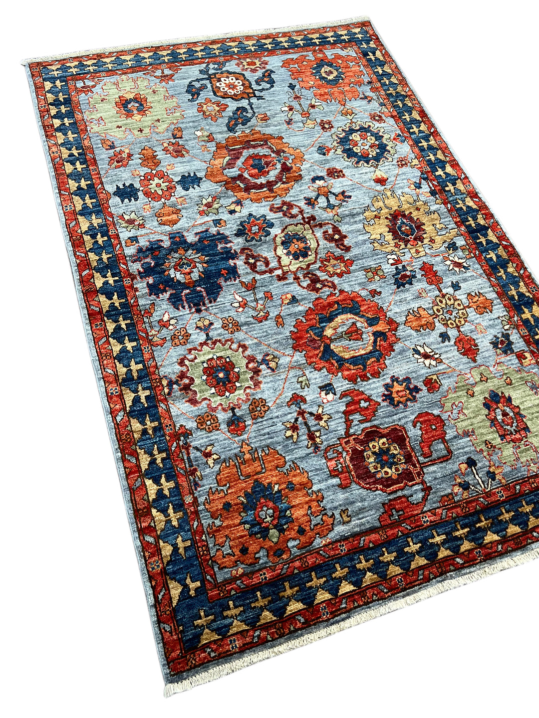Light Blue, Navy &amp; Rust Geometric Design – Hand-Knotted Wool Rug –  4.1’ x 6.3’