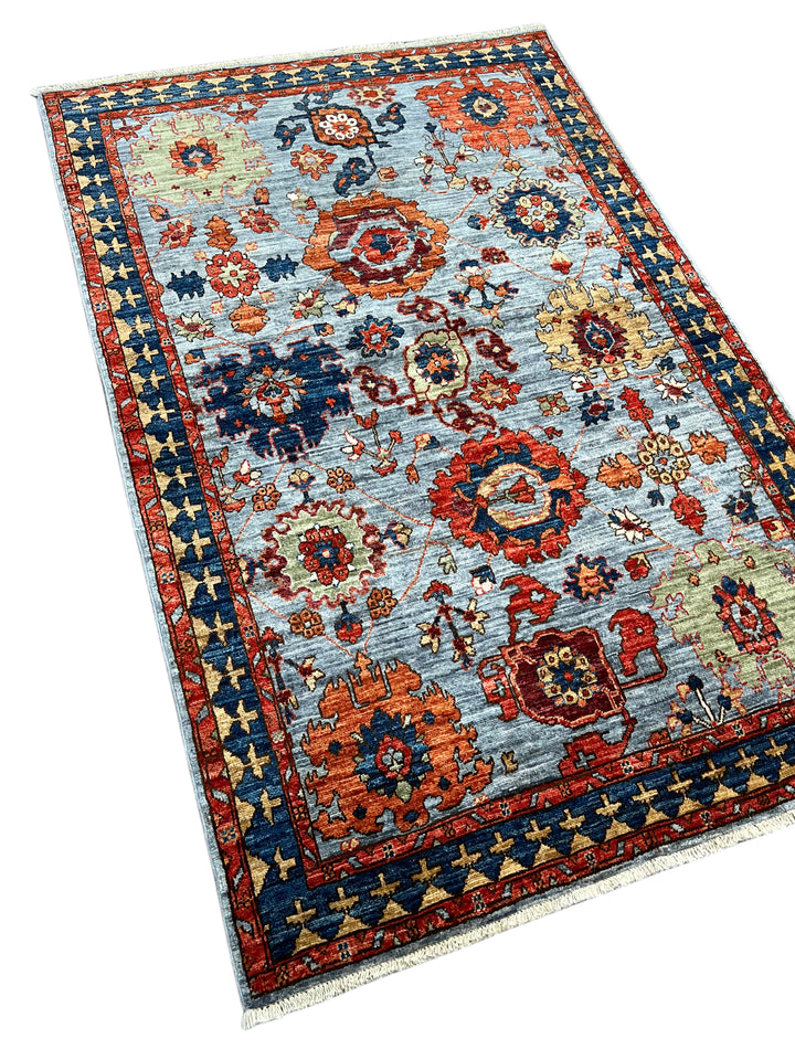 Light Blue, Navy &amp; Rust Geometric Design – Hand-Knotted Wool Rug –  4.1’ x 6.3’