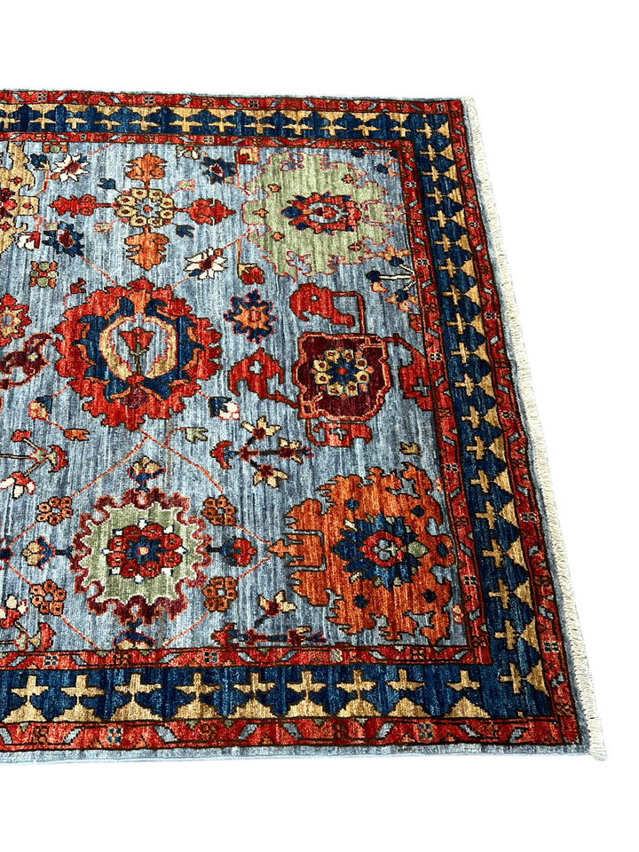 Light Blue, Navy &amp; Rust Geometric Design – Hand-Knotted Wool Rug –  4.1’ x 6.3’
