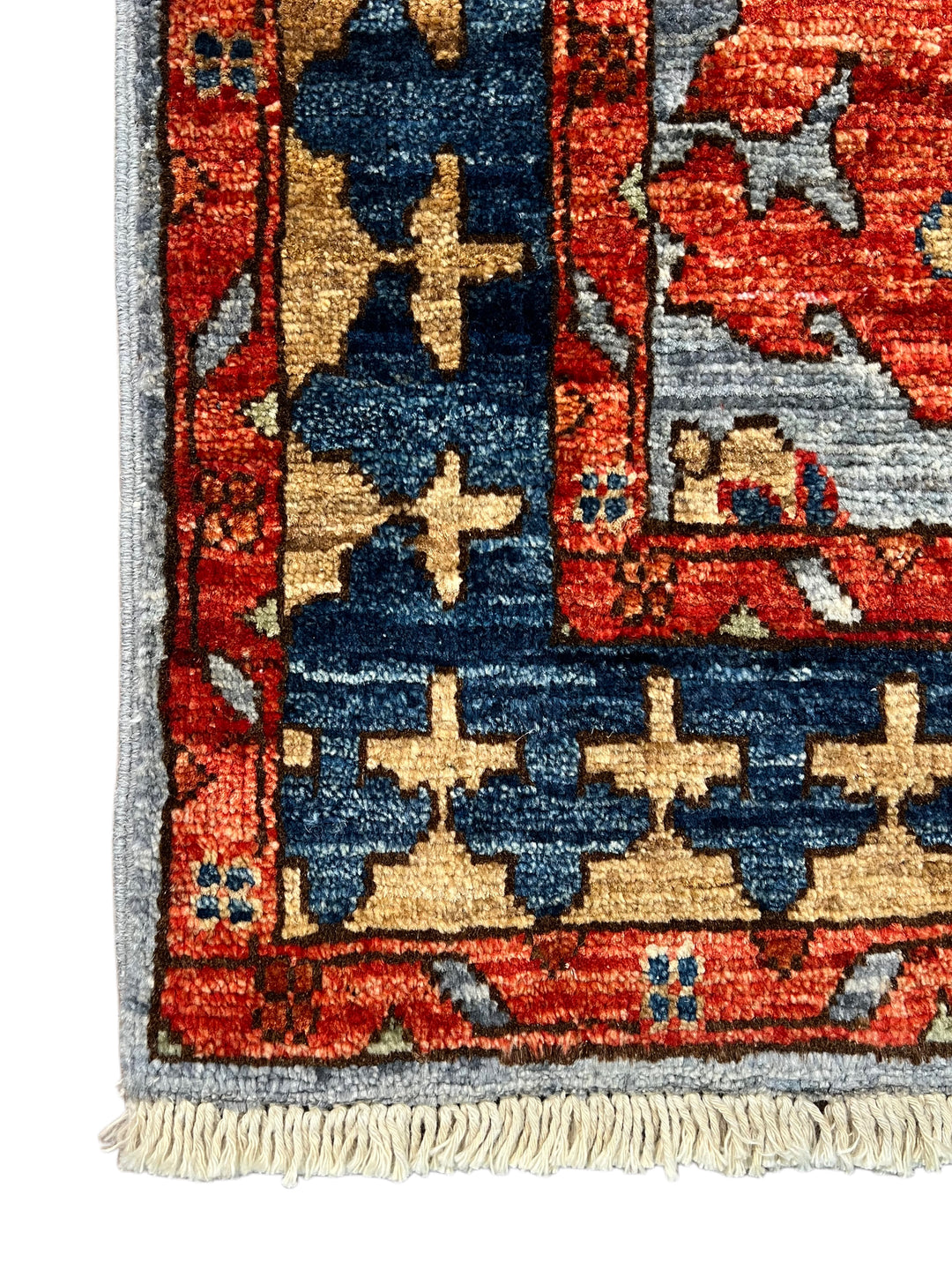 Light Blue, Navy &amp; Rust Geometric Design – Hand-Knotted Wool Rug –  4.1’ x 6.3’