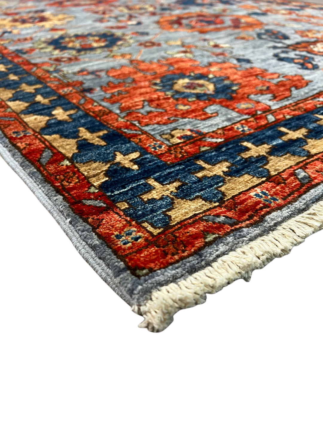 Light Blue, Navy &amp; Rust Geometric Design – Hand-Knotted Wool Rug –  4.1’ x 6.3’