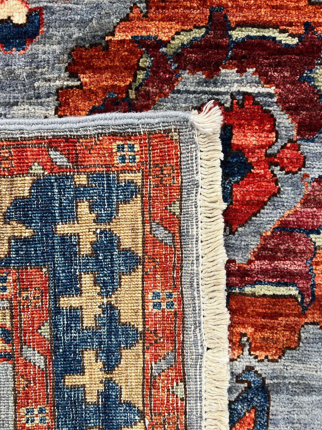 Light Blue, Navy &amp; Rust Geometric Design – Hand-Knotted Wool Rug –  4.1’ x 6.3’