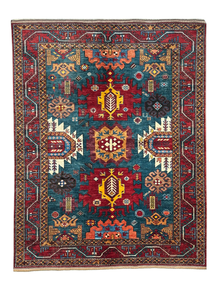 Teal, Red &amp; Gold Geometric Design – Hand-Knotted Wool Rug –  5.3’ x 6.8’