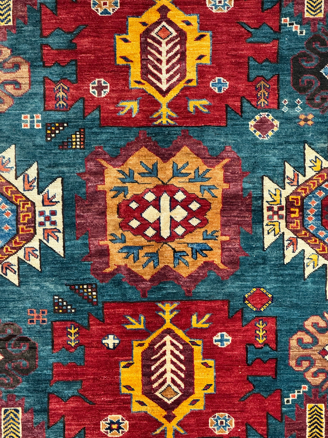 Teal, Red &amp; Gold Geometric Design – Hand-Knotted Wool Rug –  5.3’ x 6.8’