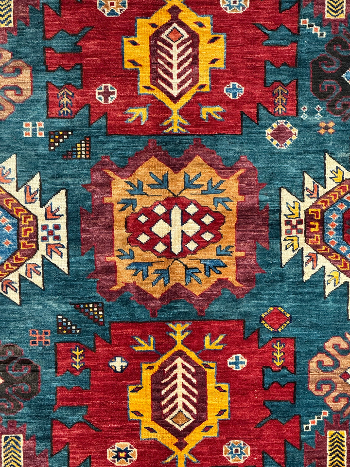 Teal, Red &amp; Gold Geometric Design – Hand-Knotted Wool Rug –  5.3’ x 6.8’
