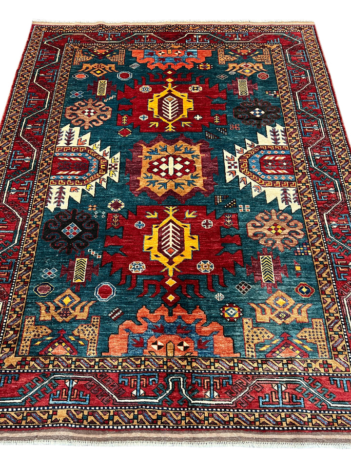 Teal, Red &amp; Gold Geometric Design – Hand-Knotted Wool Rug –  5.3’ x 6.8’