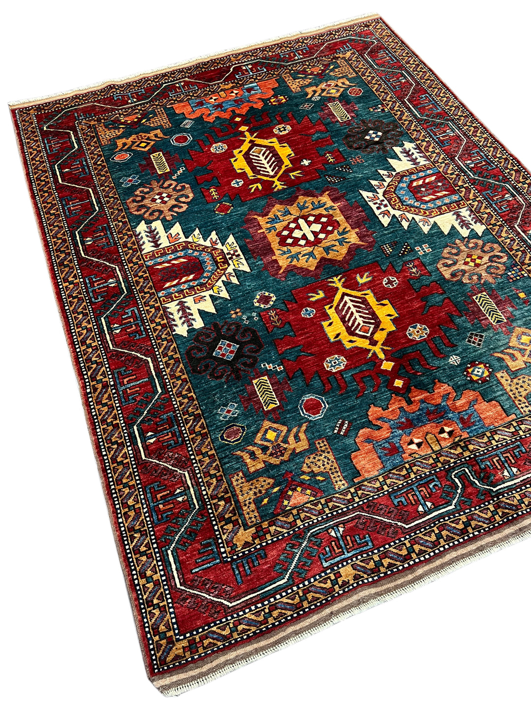 Teal, Red &amp; Gold Geometric Design – Hand-Knotted Wool Rug –  5.3’ x 6.8’