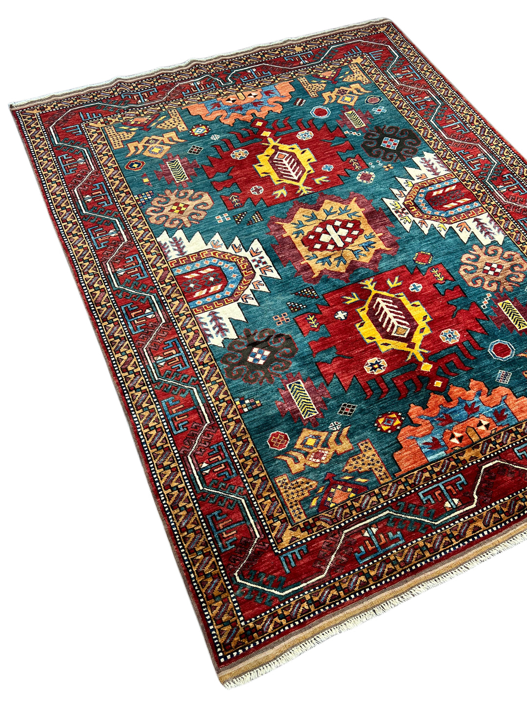 Teal, Red &amp; Gold Geometric Design – Hand-Knotted Wool Rug –  5.3’ x 6.8’