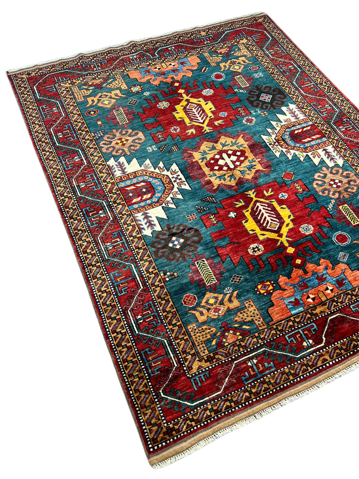 Teal, Red &amp; Gold Geometric Design – Hand-Knotted Wool Rug –  5.3’ x 6.8’