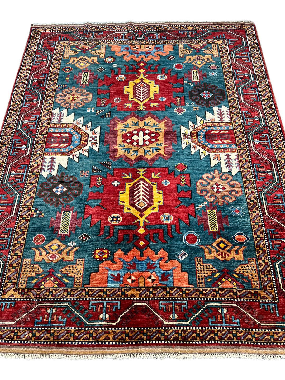 Teal, Red &amp; Gold Geometric Design – Hand-Knotted Wool Rug –  5.3’ x 6.8’