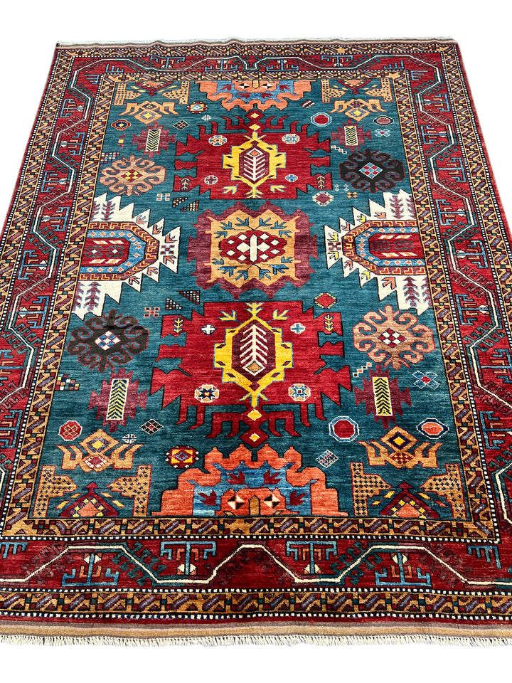 Teal, Red &amp; Gold Geometric Design – Hand-Knotted Wool Rug –  5.3’ x 6.8’