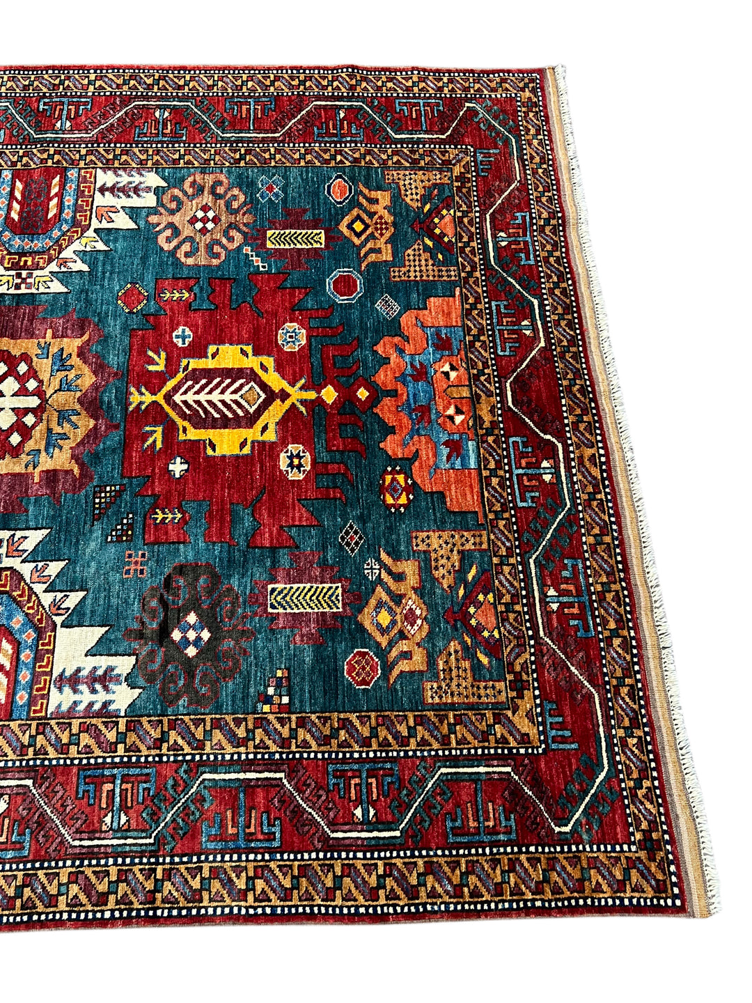 Teal, Red &amp; Gold Geometric Design – Hand-Knotted Wool Rug –  5.3’ x 6.8’