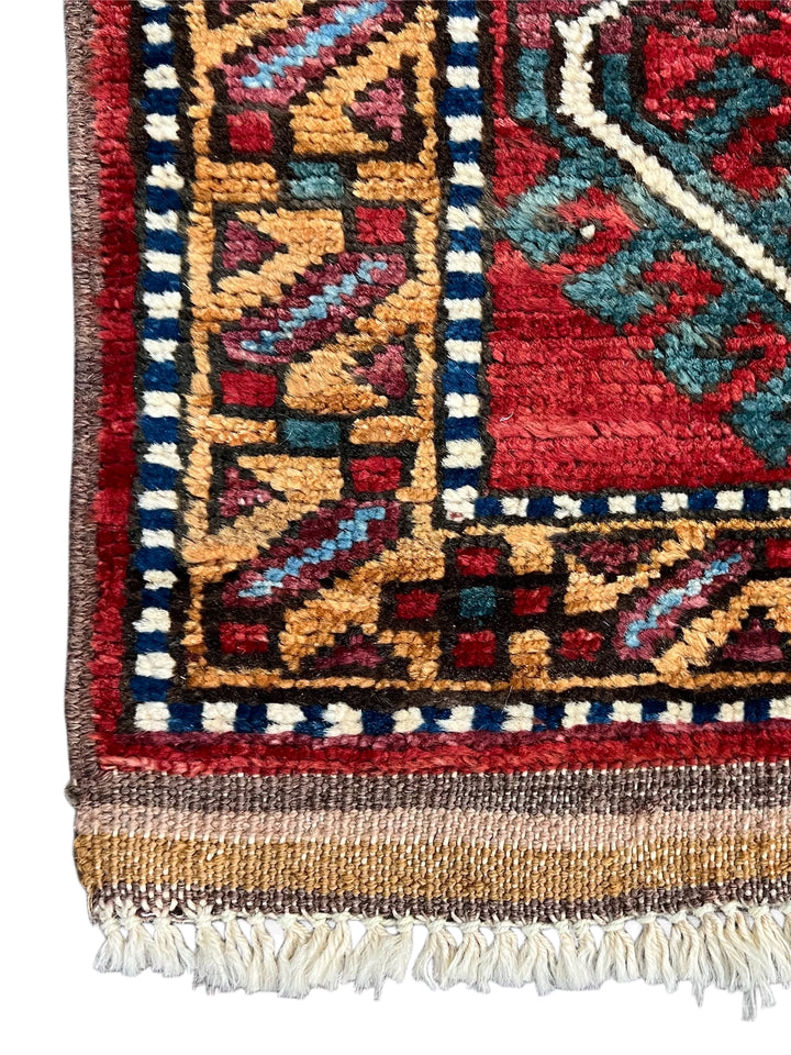 Teal, Red &amp; Gold Geometric Design – Hand-Knotted Wool Rug –  5.3’ x 6.8’