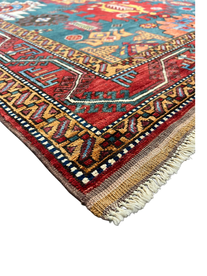 Teal, Red &amp; Gold Geometric Design – Hand-Knotted Wool Rug –  5.3’ x 6.8’