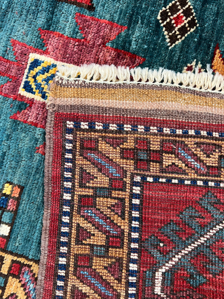 Teal, Red &amp; Gold Geometric Design – Hand-Knotted Wool Rug –  5.3’ x 6.8’