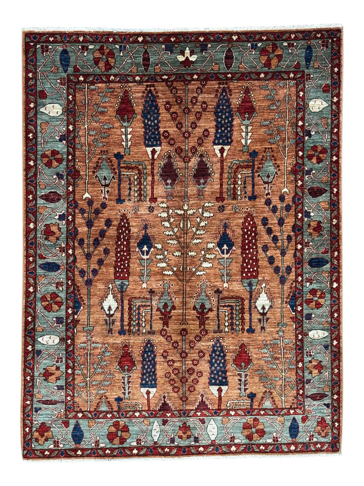Terracotta, Sage &amp; Navy Botanical Design – Hand-Knotted Wool Rug – 5.1’ x 6.8’