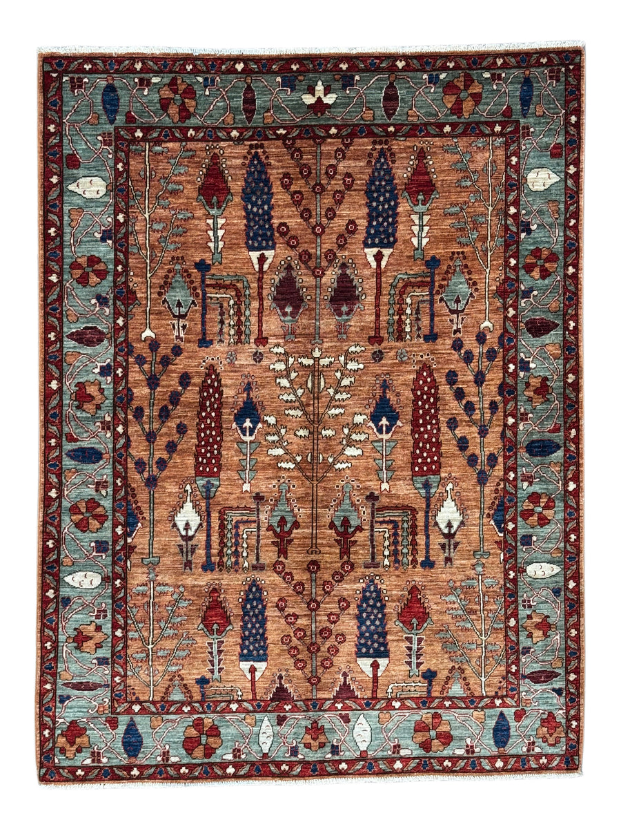 Terracotta, Sage & Navy Botanical Design – Hand-Knotted Wool Rug – 5.1’ x 6.8’