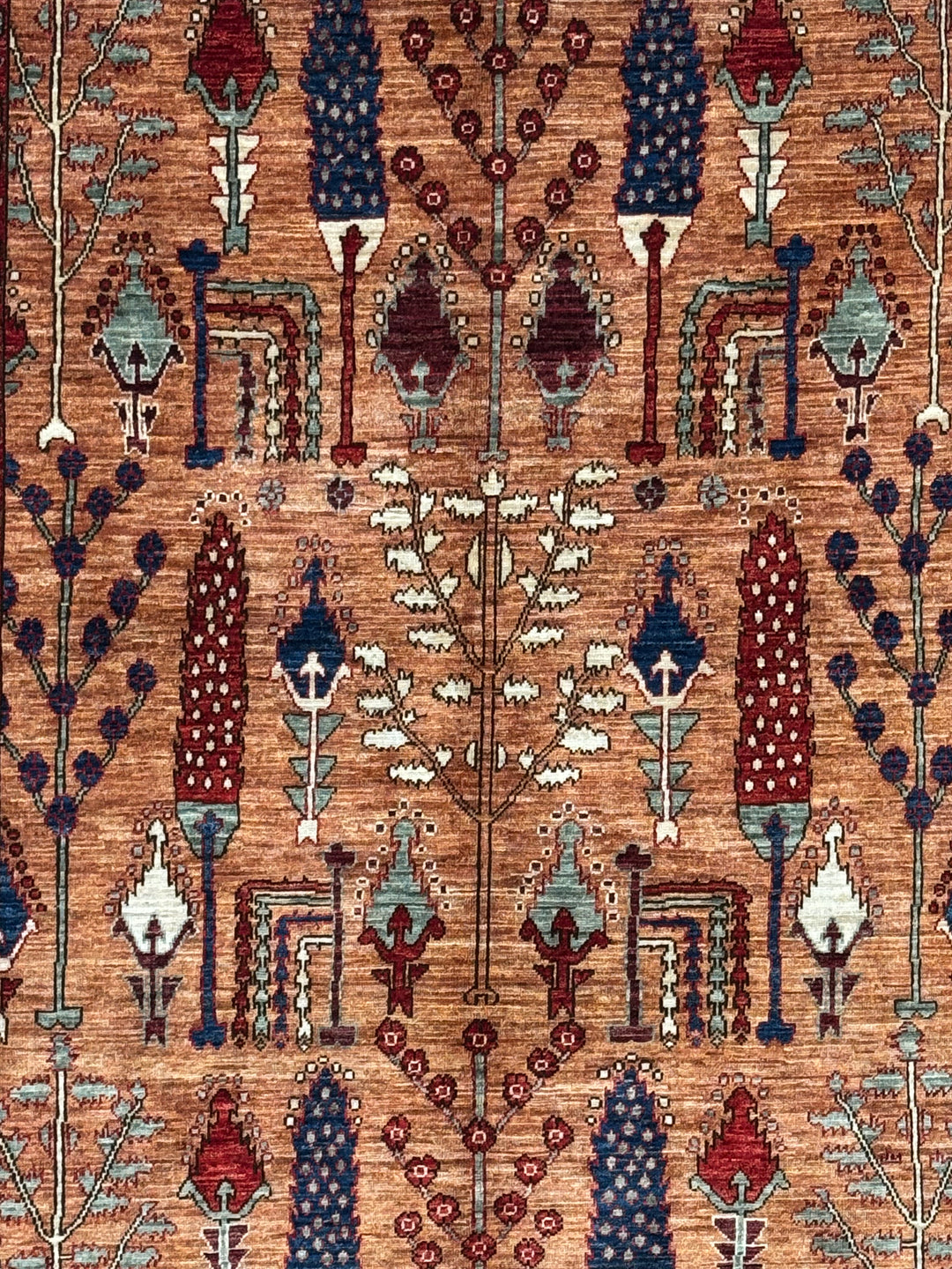 Terracotta, Sage &amp; Navy Botanical Design – Hand-Knotted Wool Rug – 5.1’ x 6.8’