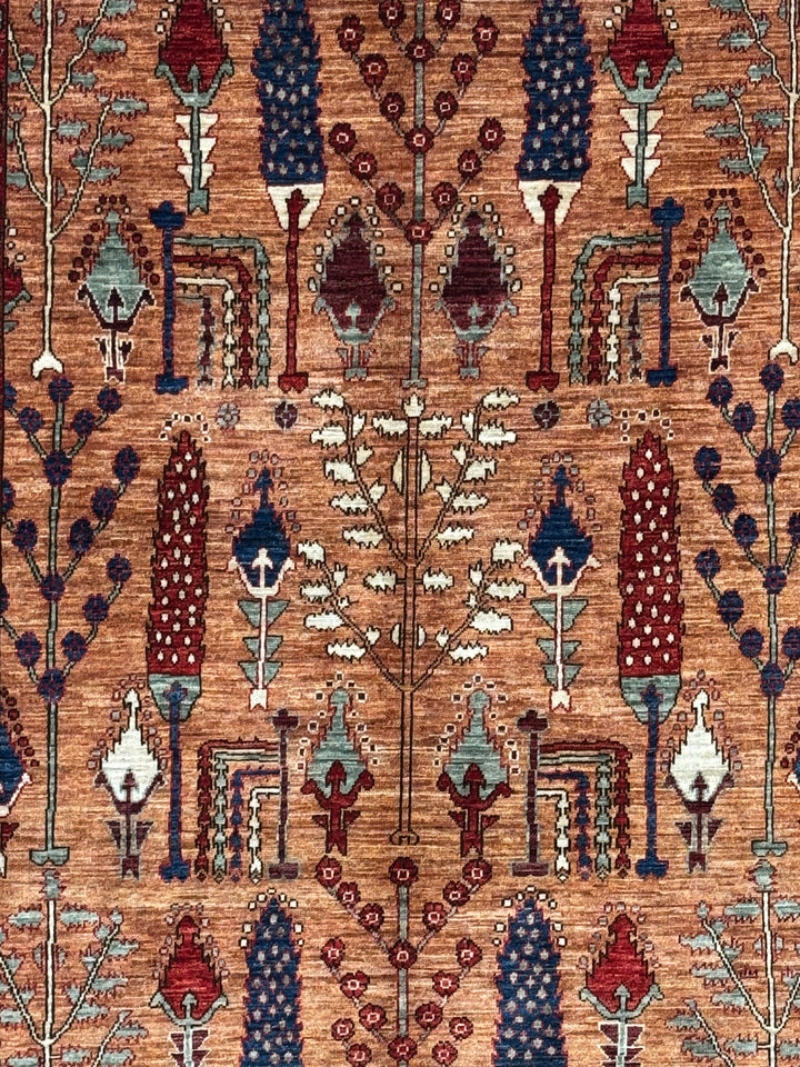 Terracotta, Sage &amp; Navy Botanical Design – Hand-Knotted Wool Rug – 5.1’ x 6.8’