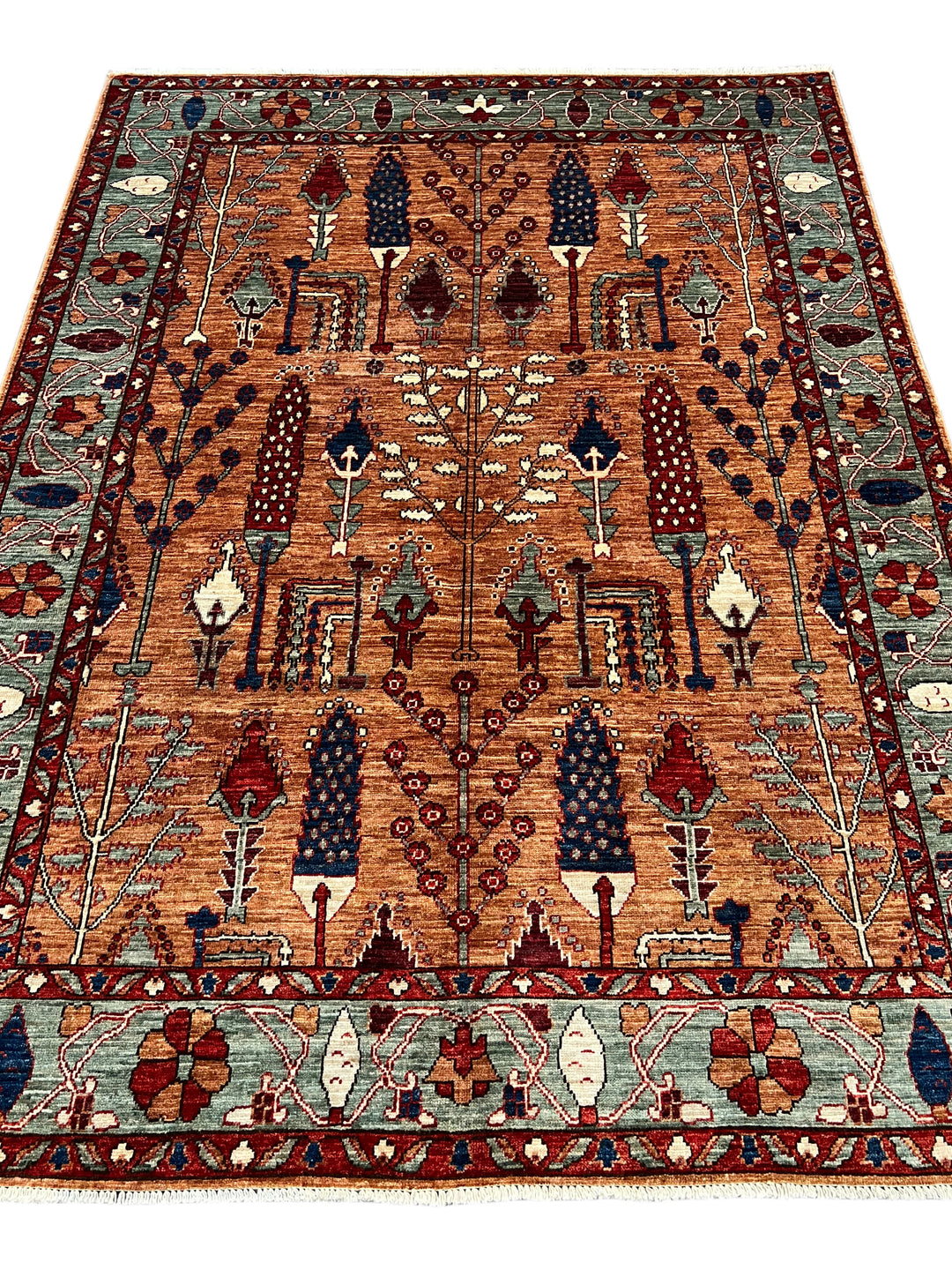 Terracotta, Sage &amp; Navy Botanical Design – Hand-Knotted Wool Rug – 5.1’ x 6.8’