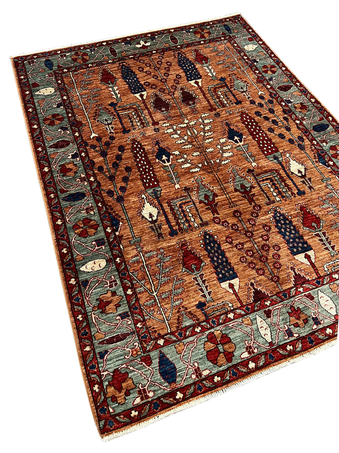Terracotta, Sage &amp; Navy Botanical Design – Hand-Knotted Wool Rug – 5.1’ x 6.8’