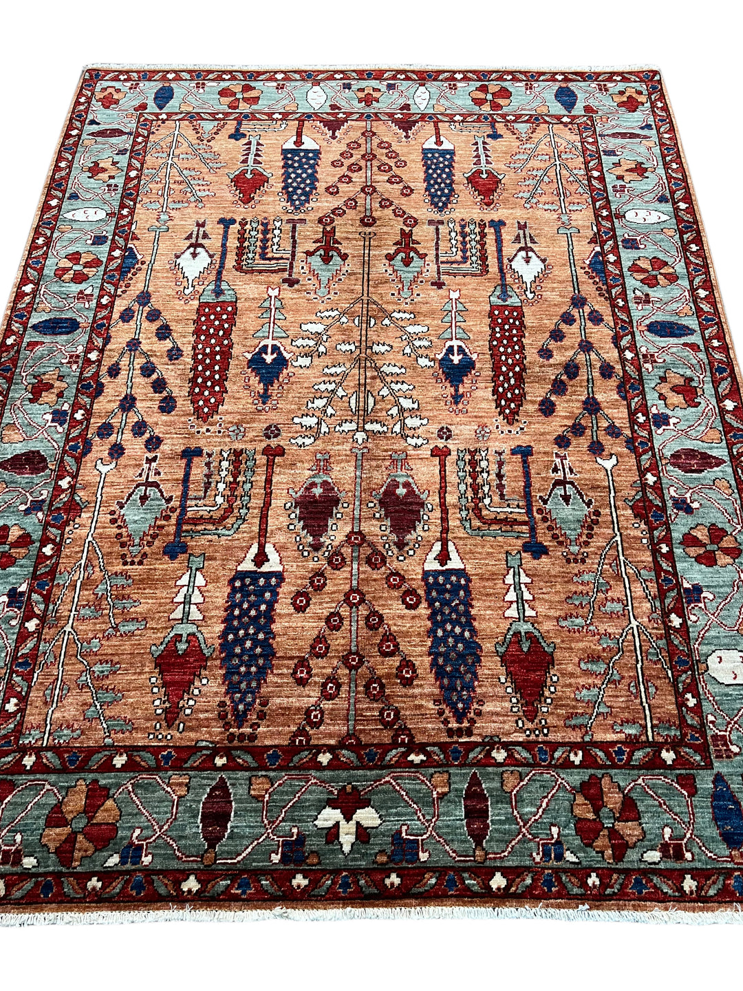 Terracotta, Sage &amp; Navy Botanical Design – Hand-Knotted Wool Rug – 5.1’ x 6.8’