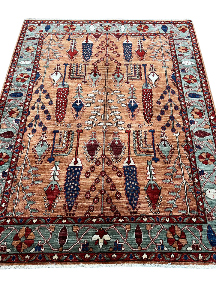 Terracotta, Sage &amp; Navy Botanical Design – Hand-Knotted Wool Rug – 5.1’ x 6.8’