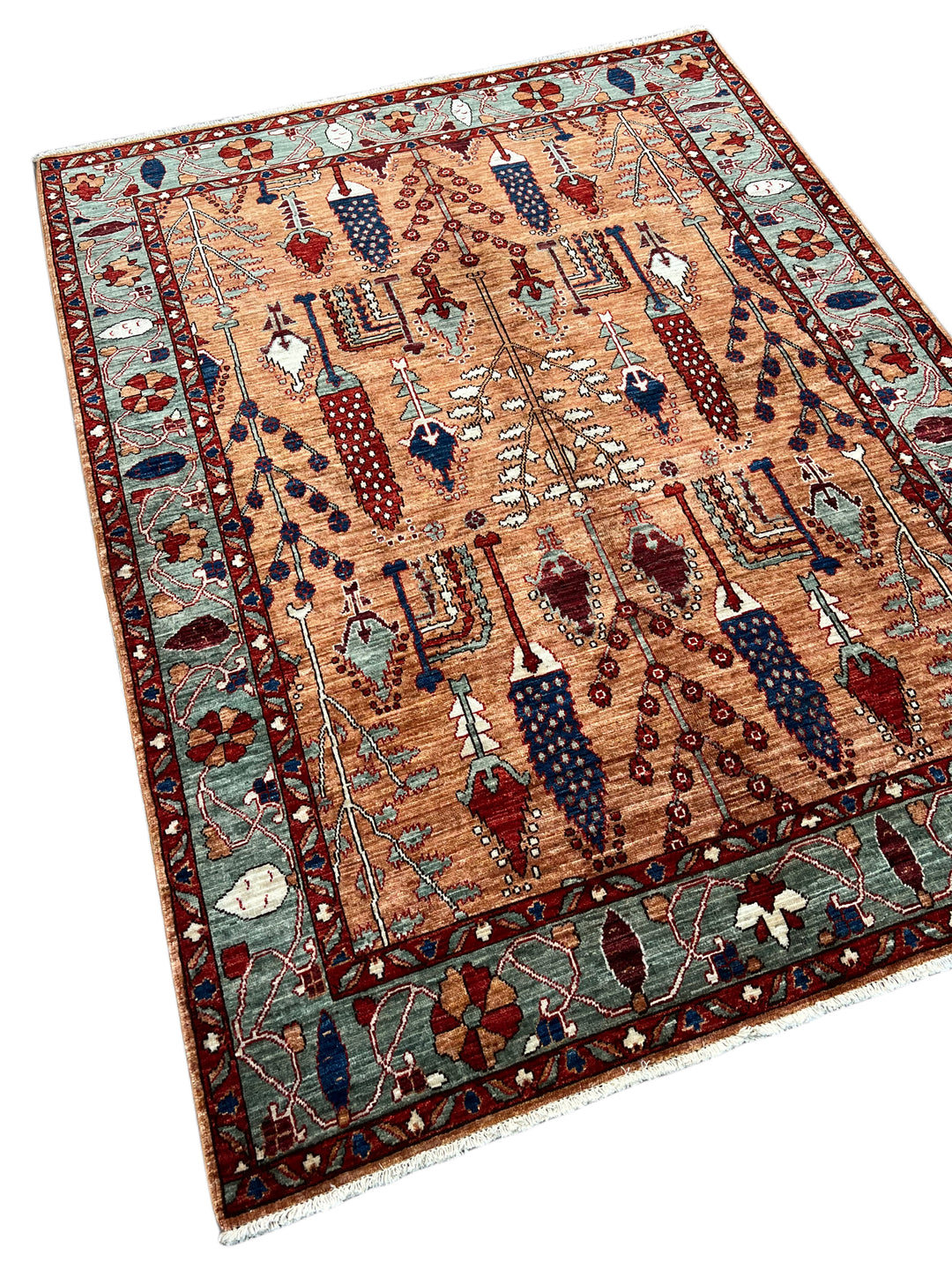 Terracotta, Sage &amp; Navy Botanical Design – Hand-Knotted Wool Rug – 5.1’ x 6.8’