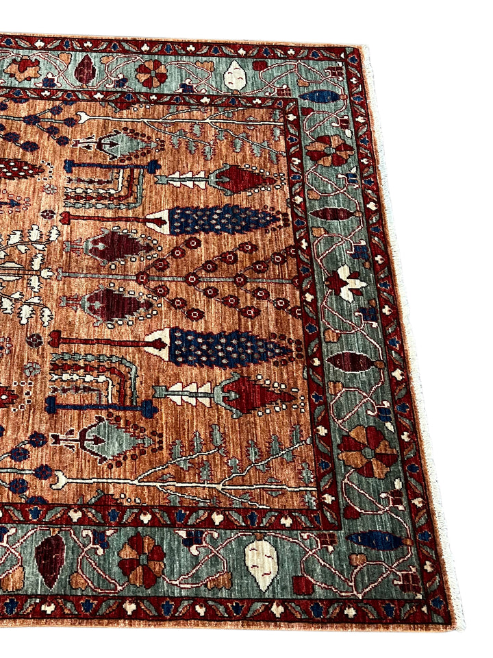 Terracotta, Sage &amp; Navy Botanical Design – Hand-Knotted Wool Rug – 5.1’ x 6.8’