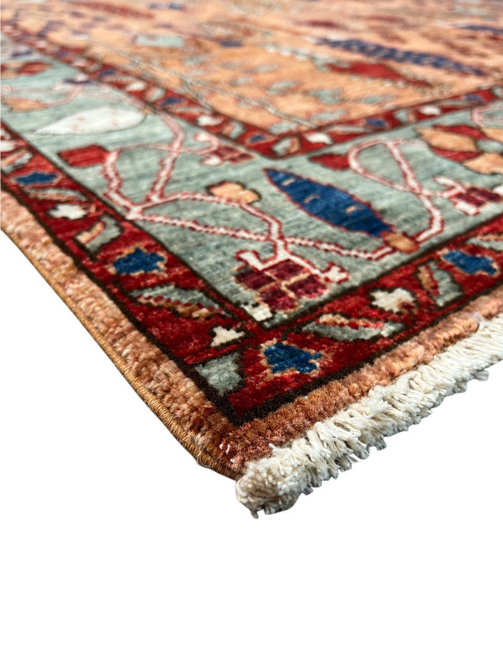 Terracotta, Sage &amp; Navy Botanical Design – Hand-Knotted Wool Rug – 5.1’ x 6.8’