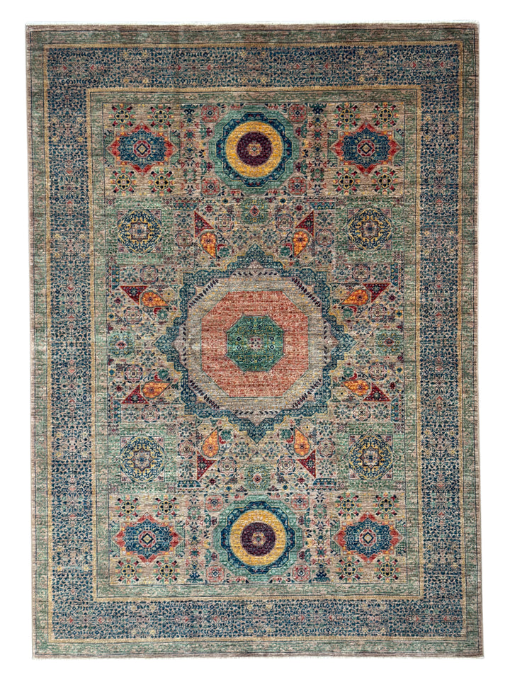 Sage Green &amp; Navy Mamluk Wool Rug – 5.7’ x 7.10’