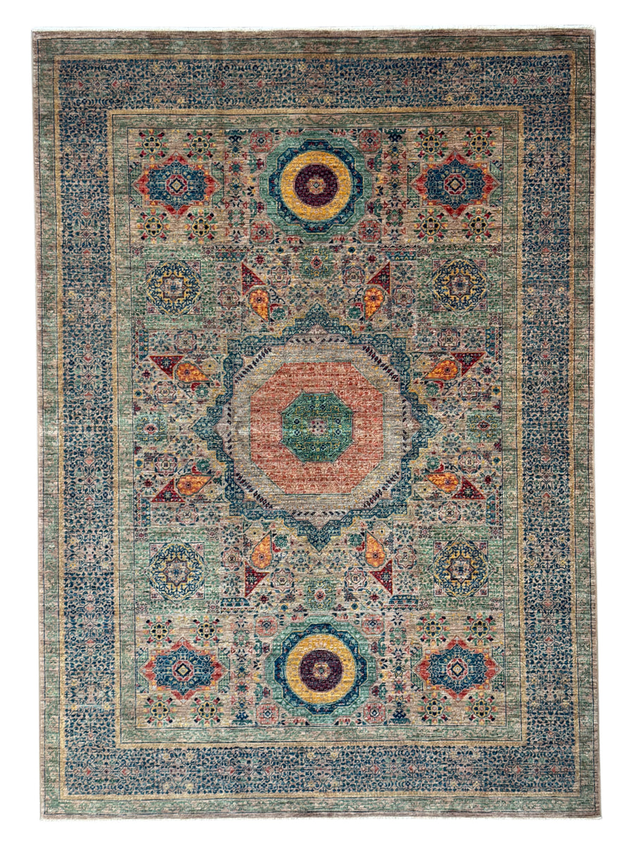 Sage Green & Navy Mamluk Wool Rug – 5.7’ x 7.10’