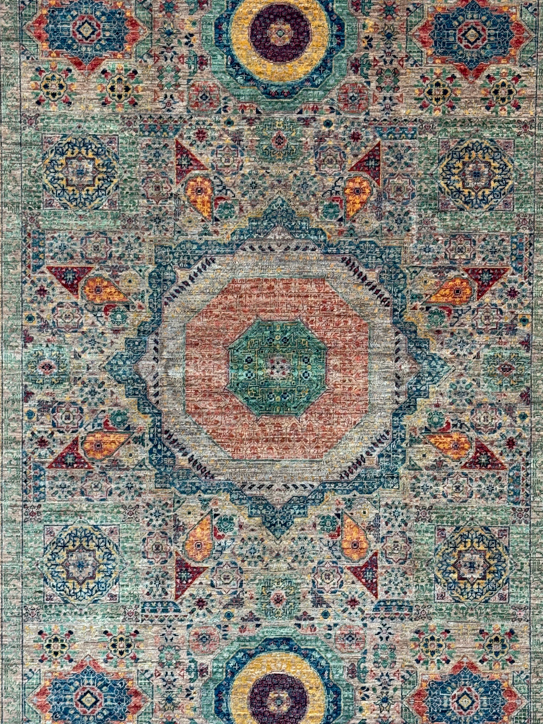 Sage Green &amp; Navy Mamluk Wool Rug – 5.7’ x 7.10’