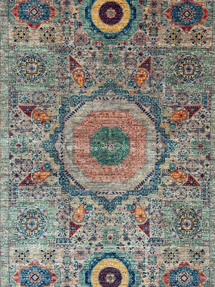 Sage Green &amp; Navy Mamluk Wool Rug – 5.7’ x 7.10’