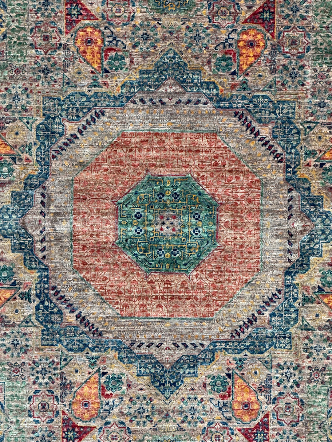 Sage Green &amp; Navy Mamluk Wool Rug – 5.7’ x 7.10’
