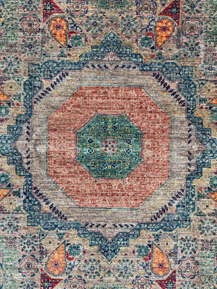 Sage Green &amp; Navy Mamluk Wool Rug – 5.7’ x 7.10’