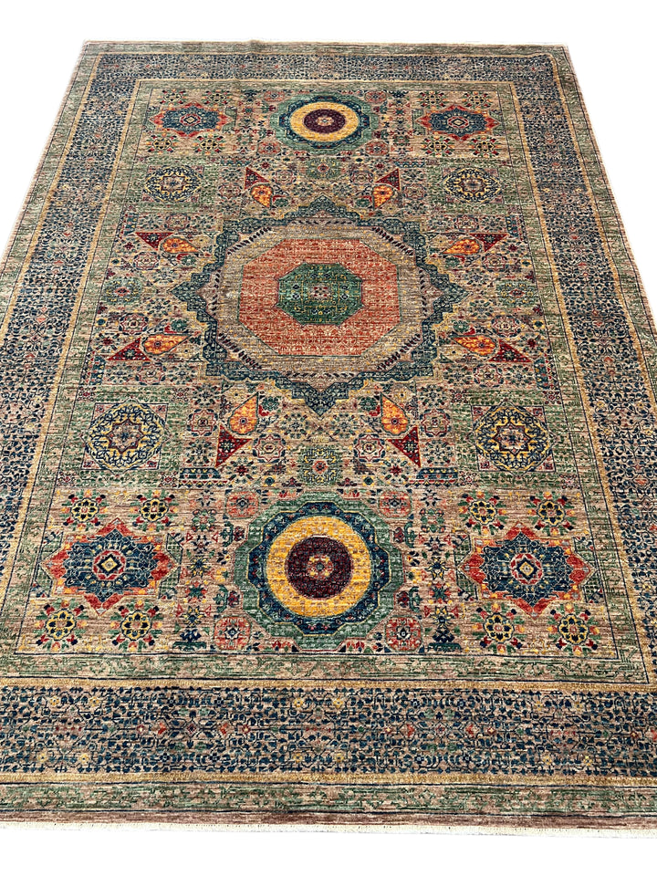 Sage Green &amp; Navy Mamluk Wool Rug – 5.7’ x 7.10’