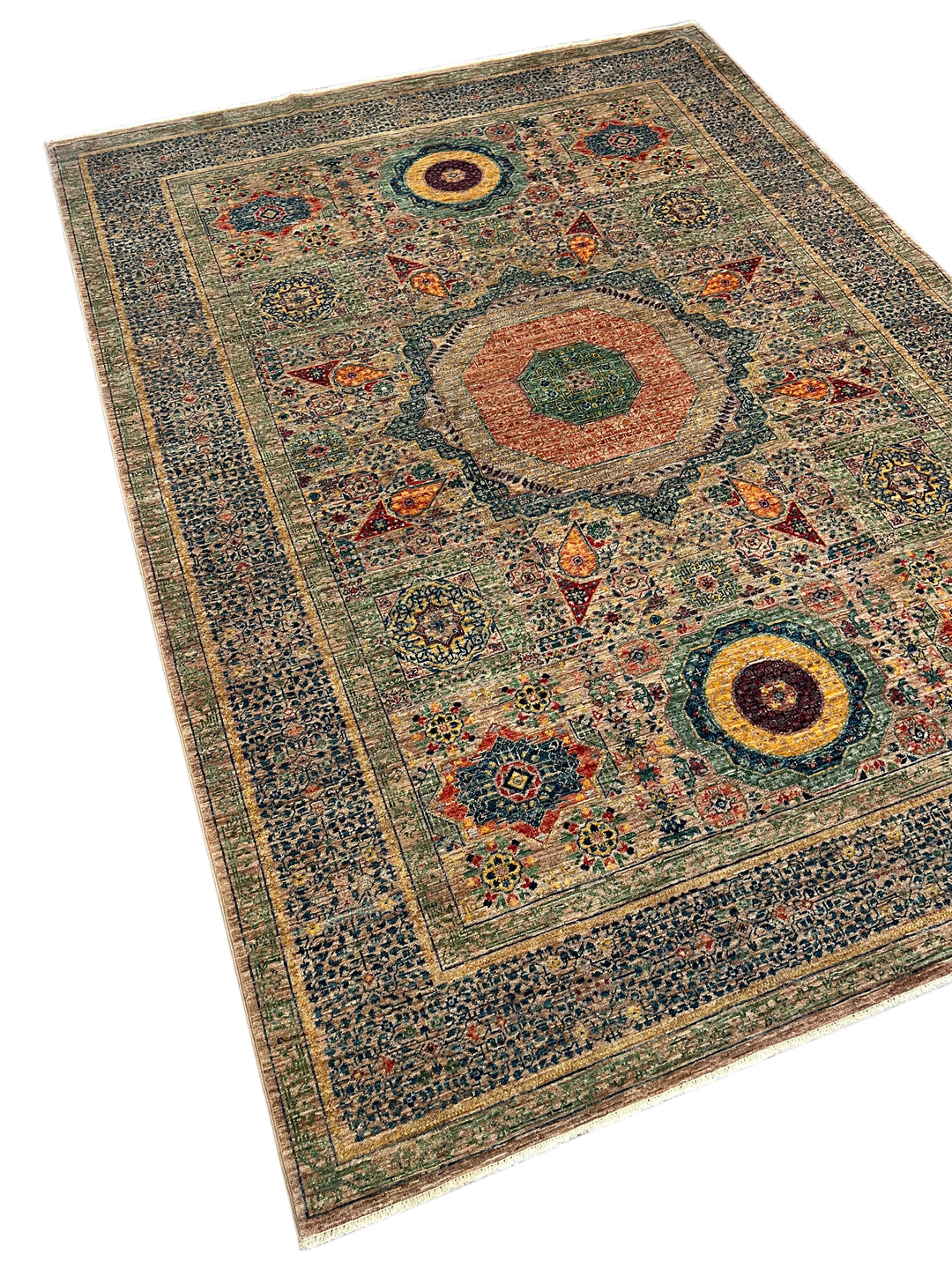 Sage Green &amp; Navy Mamluk Wool Rug – 5.7’ x 7.10’