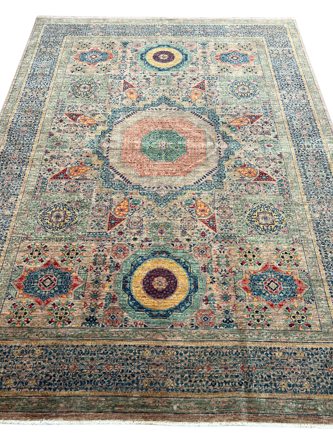 Sage Green &amp; Navy Mamluk Wool Rug – 5.7’ x 7.10’