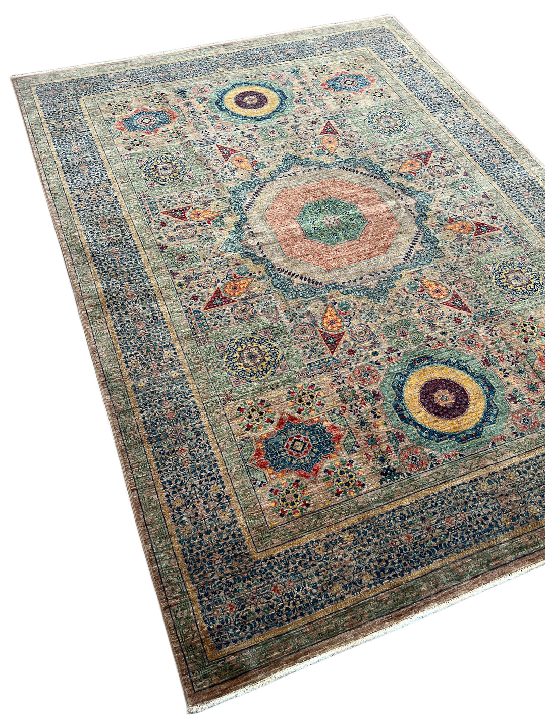 Sage Green &amp; Navy Mamluk Wool Rug – 5.7’ x 7.10’