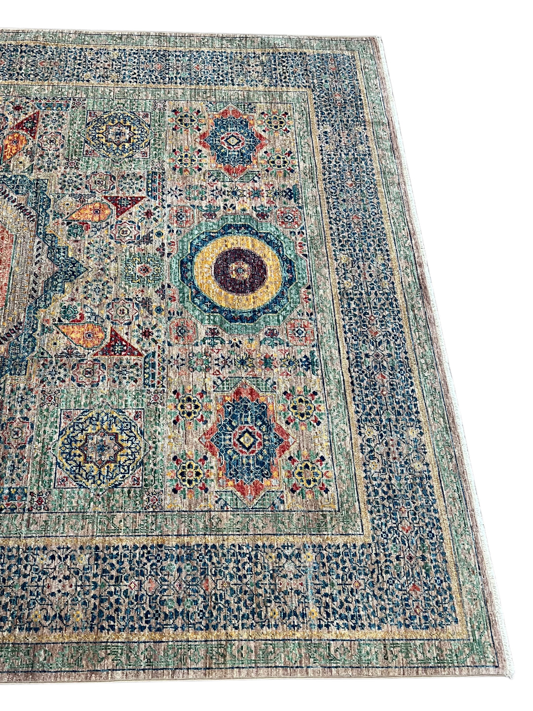 Sage Green &amp; Navy Mamluk Wool Rug – 5.7’ x 7.10’
